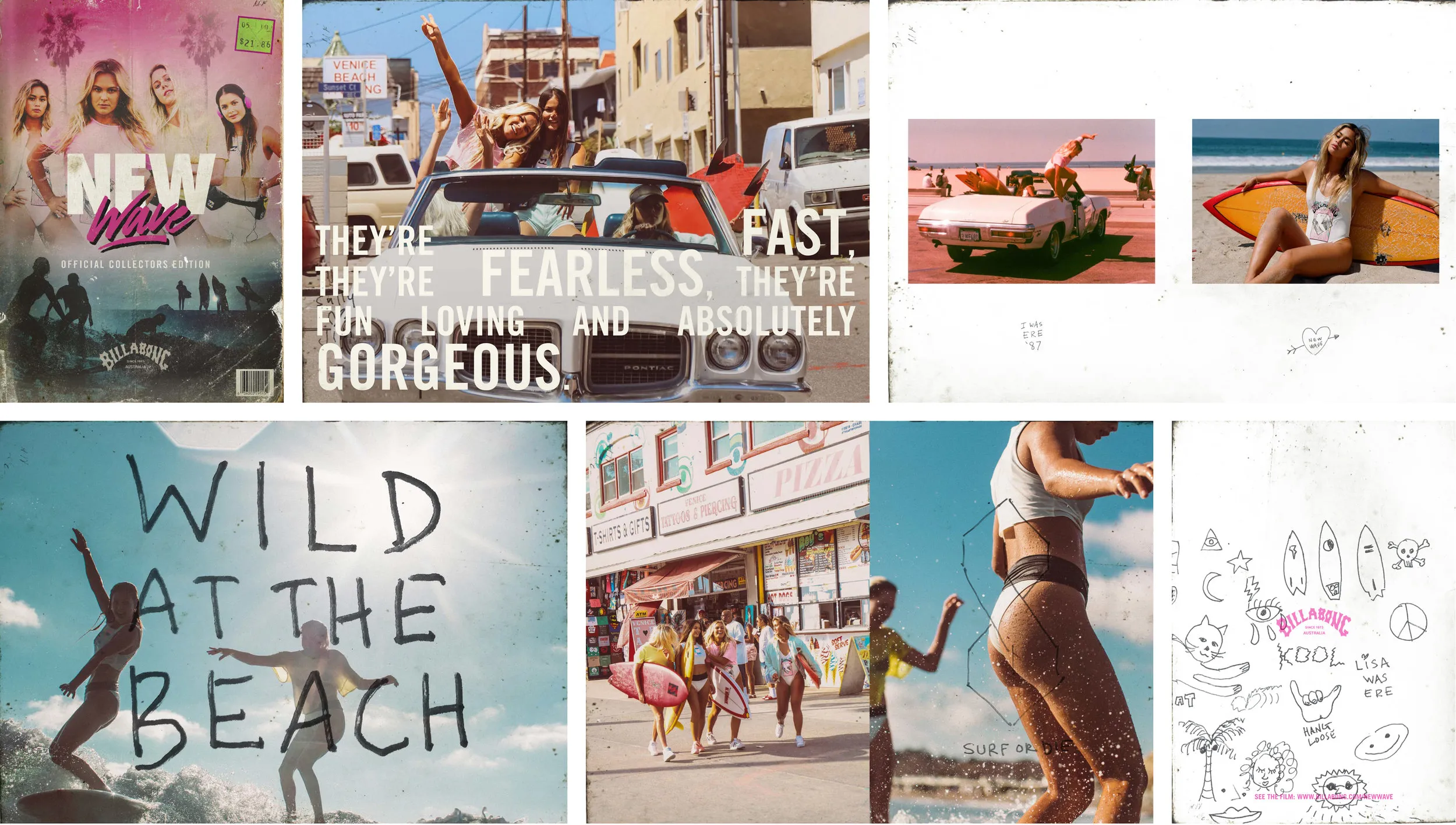 Zine-style collage for Billabong's New Wave campaign, showing a magazine cover, four women riding in a convertible through Venice Beach with arms raised, and surfers carrying boards on the sand. Hand-written captions read "Wild at the Beach" and "Surf or Die," with sketched doodles and the Billabong logo scattered across the page.