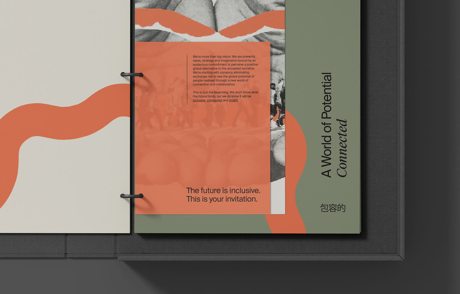 Close-up of a ring-bound Pangea presentation, showing an orange panel reading "The future is inclusive. This is your invitation." layered over a black-and-white photo, next to a sage green page titled "A World of Potential, Connected."