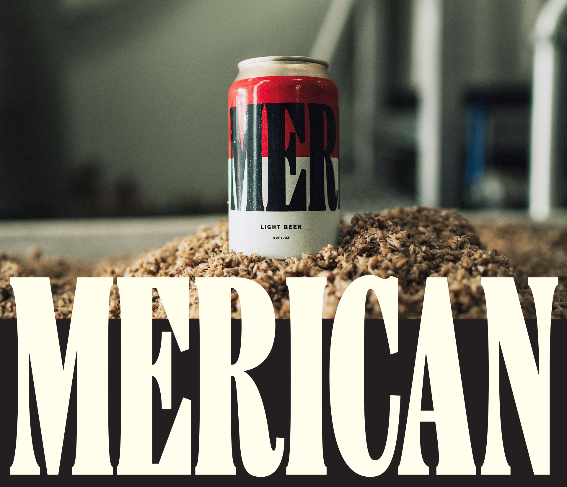 Solitary can of Merican beer sitting atop a pile of dried hops with the Merican Logo superimposed beneath.